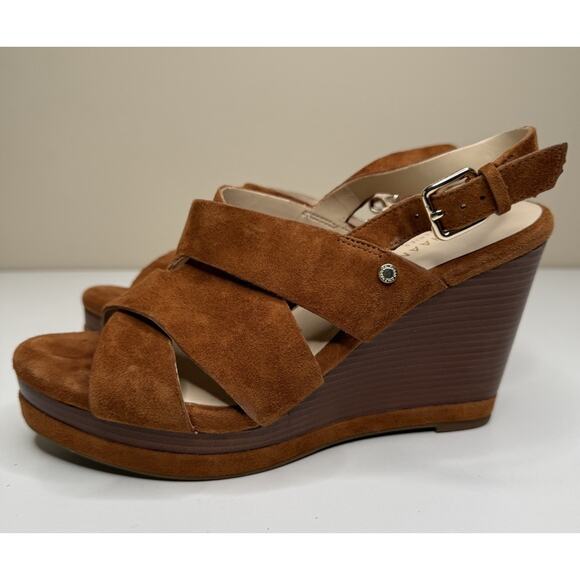 Cole Haan Laci Platform Wedge Sandal Women 7B Cognac Suede Buckle Strap Peep Toe - Picture 3 of 9